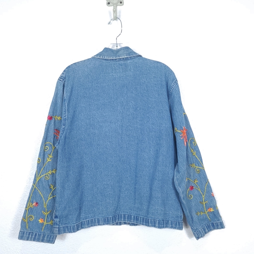 Tantrums Blue Denim Button-Down Jacket with Orange & Red Floral Embroidery - Picture 10 of 13